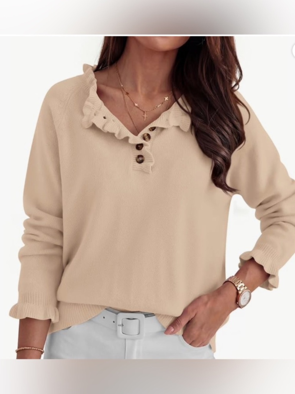 BTFBM Cream Ruffle Henley Knit Sweater XL Feminine Cottagecore Sweater
